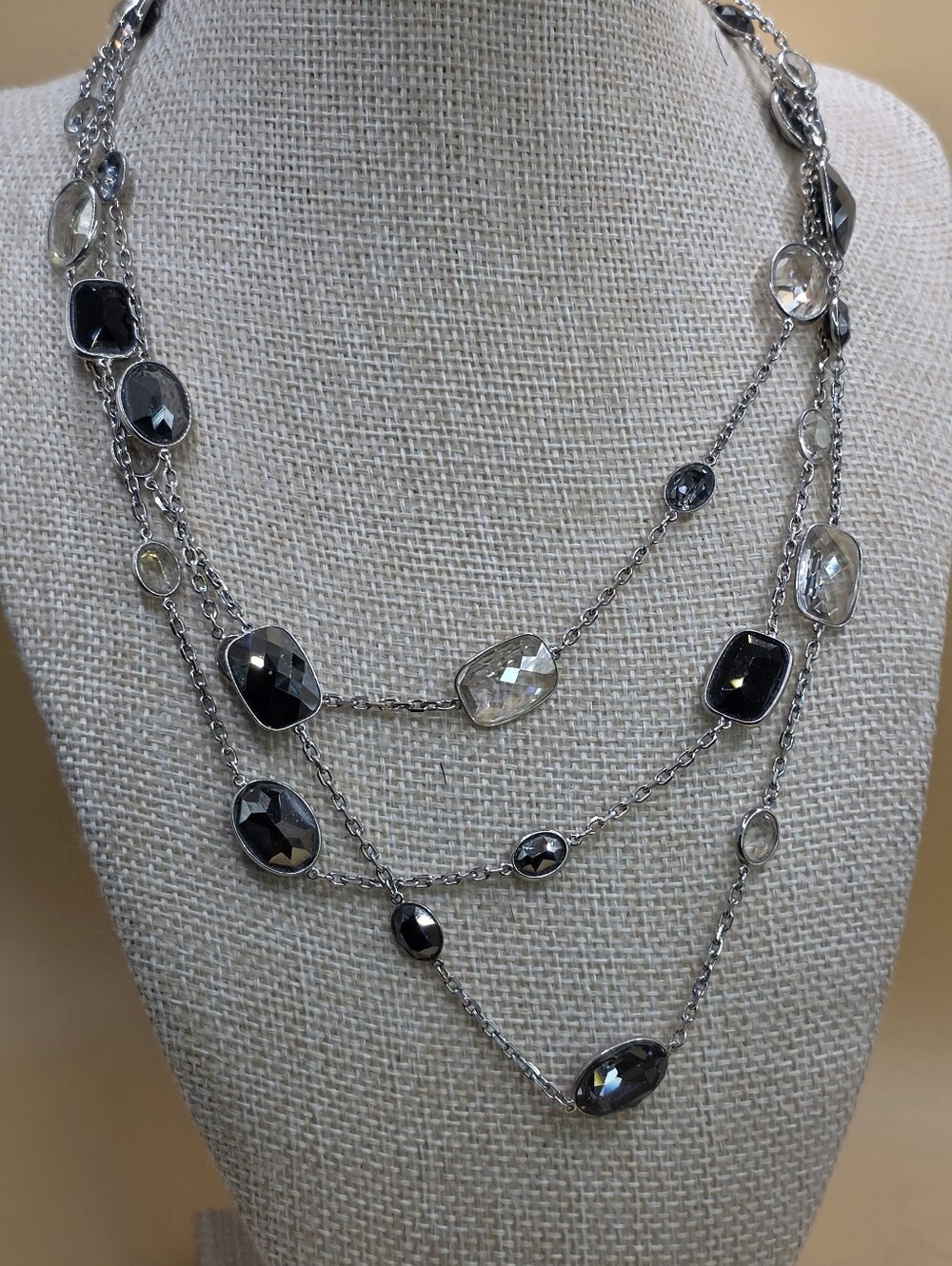 Swarovski Layered Hematite and Clear Crystal Multi-Strand Necklace